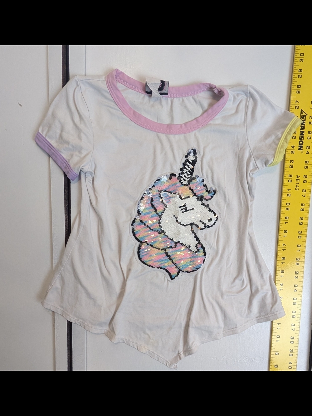 Girls White Sequin Unicorn Tee with Pastel Trim